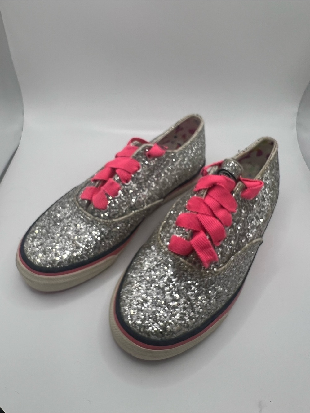 Milly x Sperry Silver Glitter Sneakers Pink Ribbon Laces Women’s